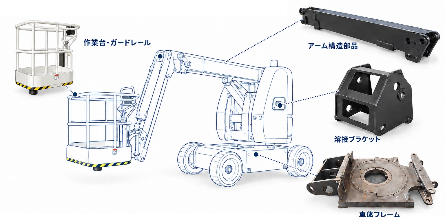 マスト式:アーム構造部品・溶接ブラケット・作業台部材。 設備の線画と製作部品の組込みイメージ。
